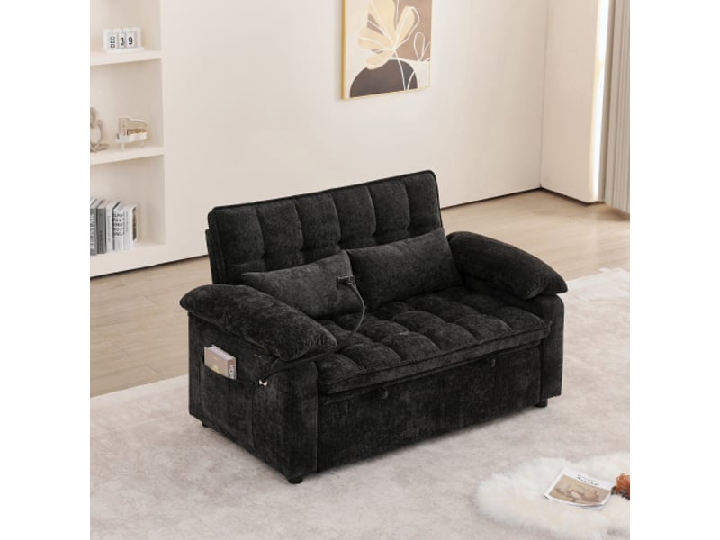  Canapé convertible 3 en 1 142 cm, dossier réglable 5 positions, rangement, porte-gobelet et support téléphone 360°, chenille - noir  - Conforama C