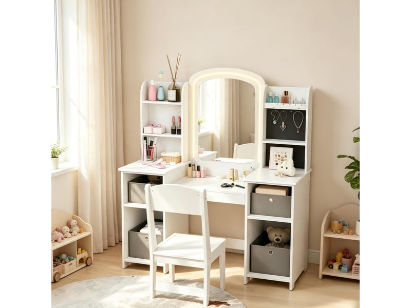  Coiffeuse enfant tcqpz avec miroir led et tabouret 104 x 40 x 112 cm mdf blanc  - Conforama B
