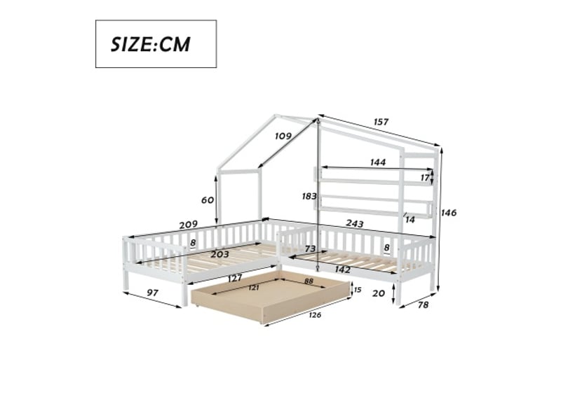  Lit enfant cabane - 90x200 cm + 140x70 cm, avec tiroirs et étagères, clôture et sommier à lattes, en l, blanc  - Conforama D