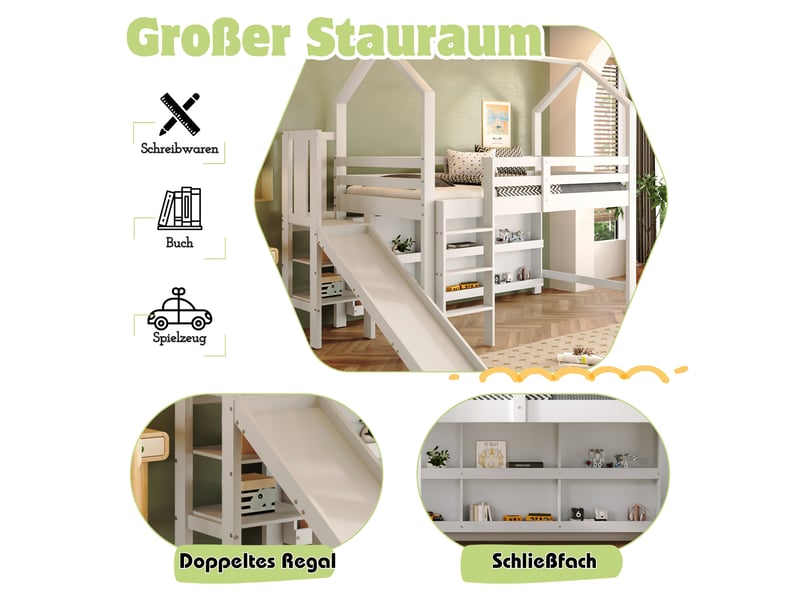  Lit enfant avec toboggan et rangements 90x200 cm - bois massif et mdf blanc  - Conforama D