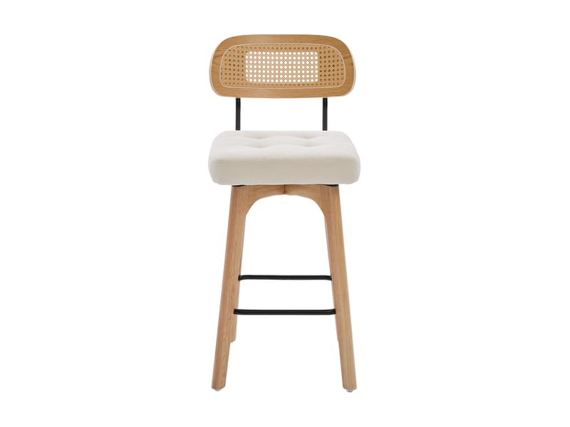 Lot de 2 tabourets de bar pivotants à 360° avec dossier en rotin, assise rembourrée et repose-pieds en chenille beige - Conforama A