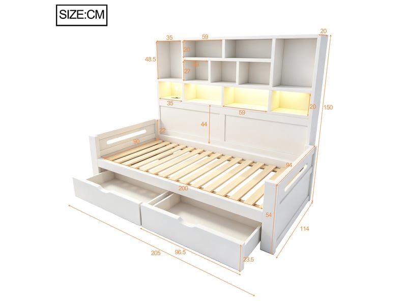 Lit 90x200 cm avec rangement, led et prises, blanc - Conforama C