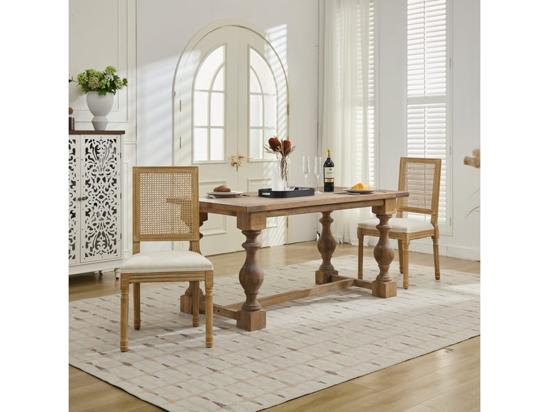  Lot de 2 chaises de salle à manger 50x53x98.5cm – avec dossier carré en rotin et châssis en bois massif – lin - beige  - Conforama E