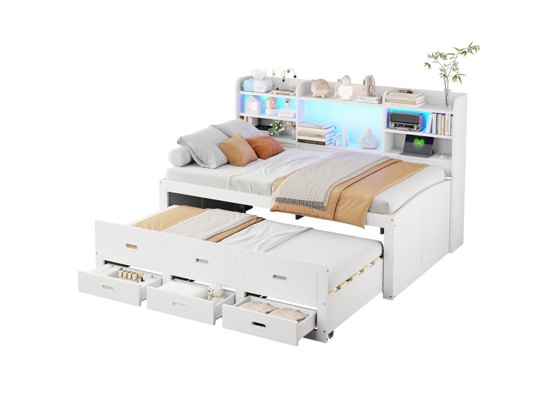  Lit gigogne 90x200 banquette blanc avec led, 3 tiroirs et port usbtype-c  - Conforama A