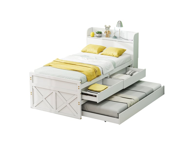  Lit gigogne 90x190 cm avec tiroirs de rangement, port usb, bois, blanc sans matelas  - Conforama A