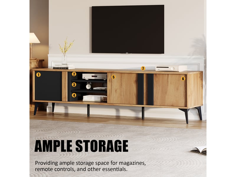  Meuble tv rustique marron et noir, meuble tv 180 cm avec rangements, pour téléviseur jusqu'à 80 pouces, portes et étagères ouvertes  - Conforama R