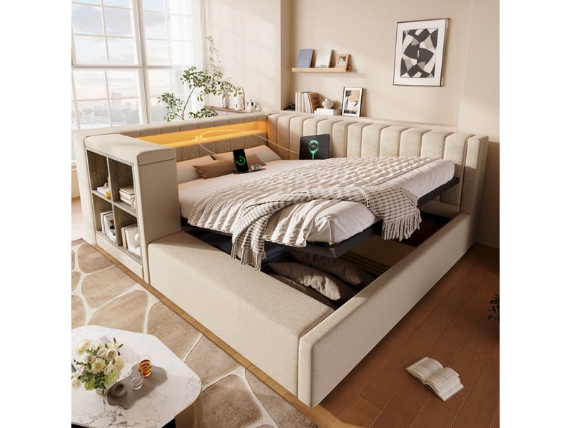  Lit banquette coffre 140x200 cm, banquette-lit, ouverture hydraulique, éclairage led, ports usb et type-c, sommier à lattes, lin beige CozyNest - Conforama B