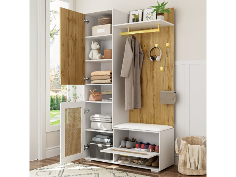 Ensemble dressing avec miroir – 6 crochets dorés, banc, meuble à chaussures, porte-manteau mural, led 16 couleurs - Conforama E
