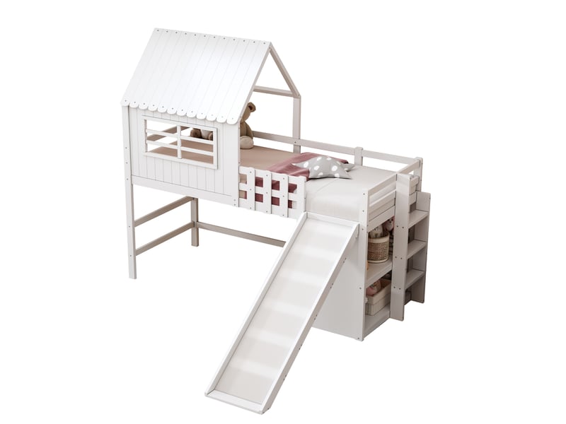 Elvmi lit enfant 90 x 200 cm en bois massif et mdf, design toit avec toboggan rallongé, échelle sécurisée, rangements intégrés et barrière de sécurité, blanc - Conforama E