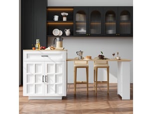 Table de bar extensible 133-202x70x93,5 cm avec rangements multiples et tiroir, plateau effet marbre en mdf, blanc