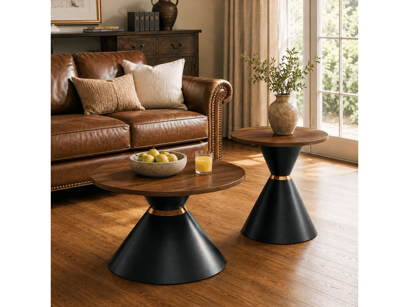  Tables basses gigognes rondes avec plateaux effet noyer et piètements coniques en métal noir pour salon et bureau  - Conforama C