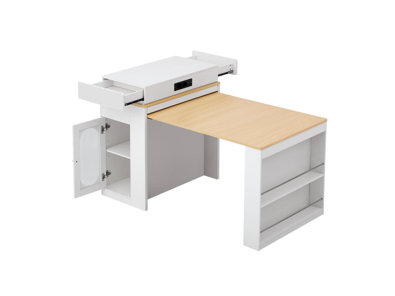 Îlot de cuisine mobile 83 cm avec table extensible, prises intégrées et verre cannelé, blanc Jamama eleni - Conforama A