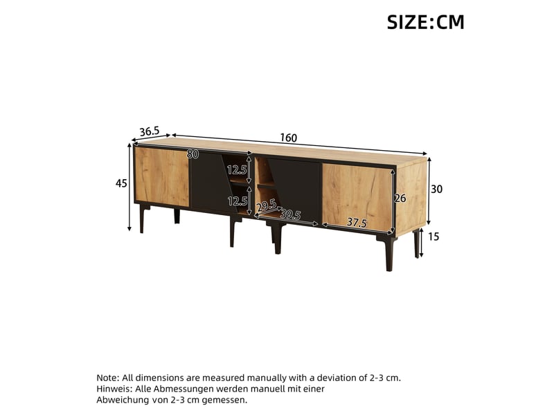  Meuble tv bas design 160 x 36,5 x 45 cm 4 compartiments portes obliques 7 pieds panneau de particules naturel et noir  - Conforama C