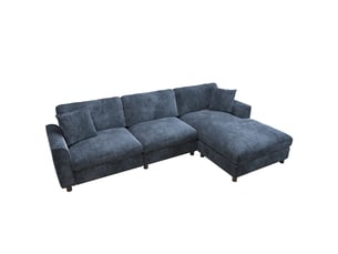 Canapé d’angle modulable en l 256 cm 3 places avec méridienne réversible extra-large 90 cm, accoudoirs courbés, ressorts ensachés, chenille bleu