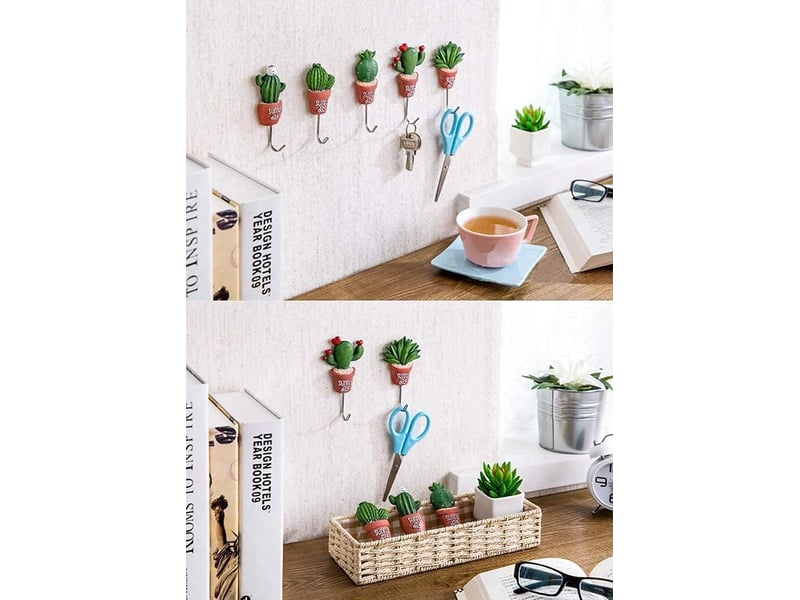 Lot de 5 crochets muraux adhésifs design cactus, décoration de cuisine et maison sans perçage, accroche légère esthétique et pratique pour clés, rouge - Conforama C