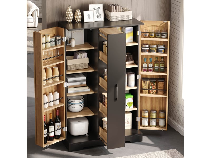  Buffet de cuisine 78 x 35 x 120 cm avec rangement vertical à 4 niveaux, 2 portes, étagères réglables, noir et naturel  - Conforama E