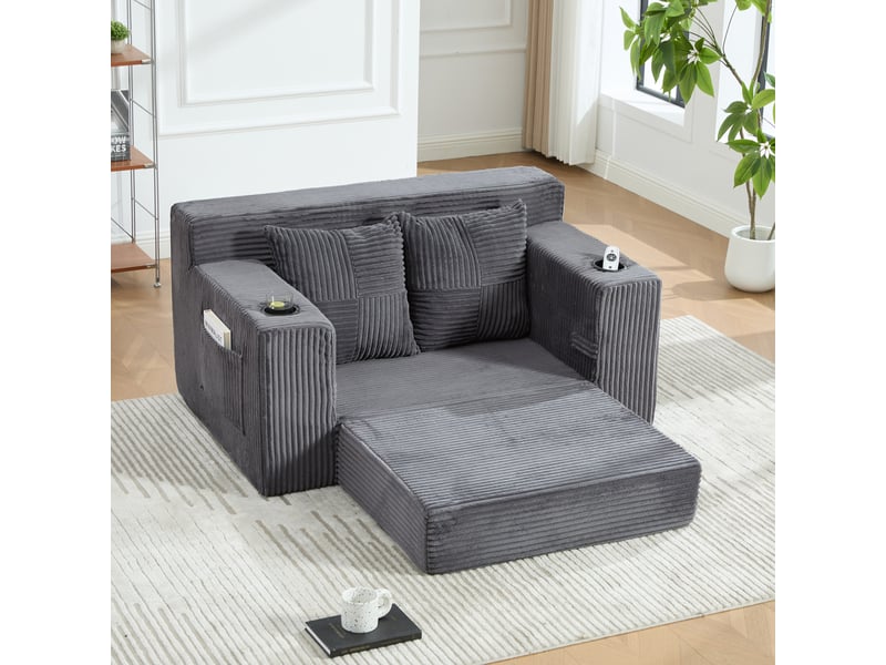  Canapé pouf 151x133x64 cm, poches latérales, velours côtelé gris  - Conforama C