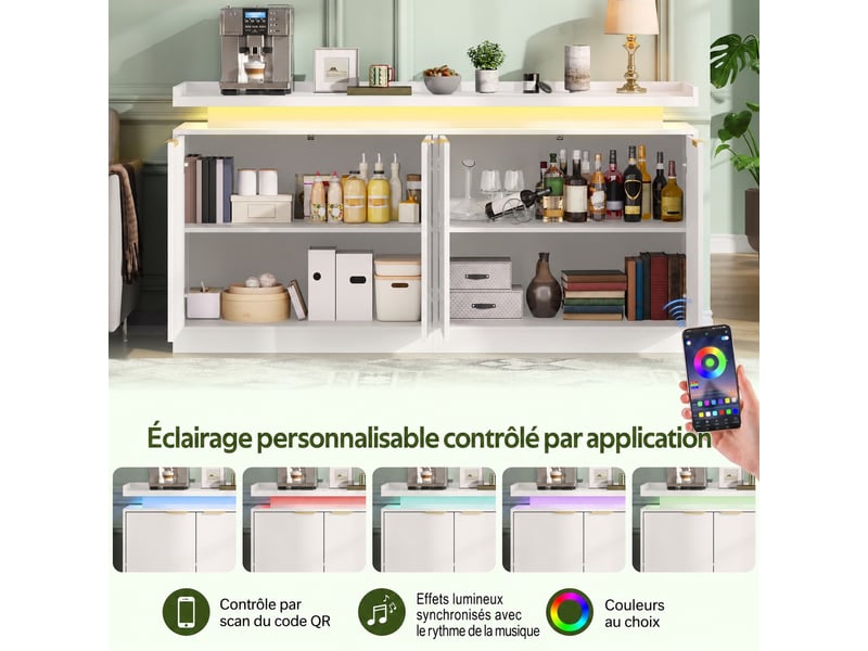  Buffet 160 x 39 x 83 cm, 4 portes, éclairage led rgb contrôlable par application et compartiments ouverts, blanc  - Conforama B