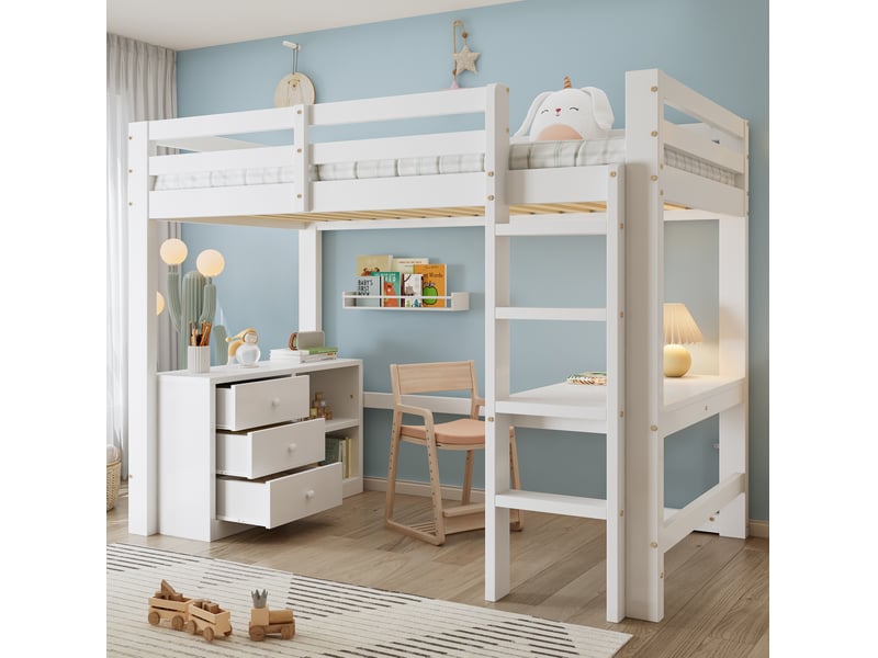  Lit mezzanine enfant avec bureau, meuble à tiroirs et étagère blanc 90 x 200 cm  - Conforama D