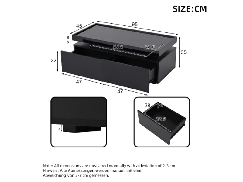 Table basse led noire 95x45x35 cm – 2 tiroirs, finition haute brillance, design géométrique minimaliste – meuble salon - Conforama C