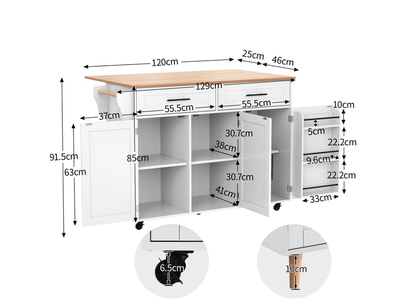  Desserte de cuisine à roulettes avec plateau rabattable 120 x 71 cm, blanche  - Conforama C