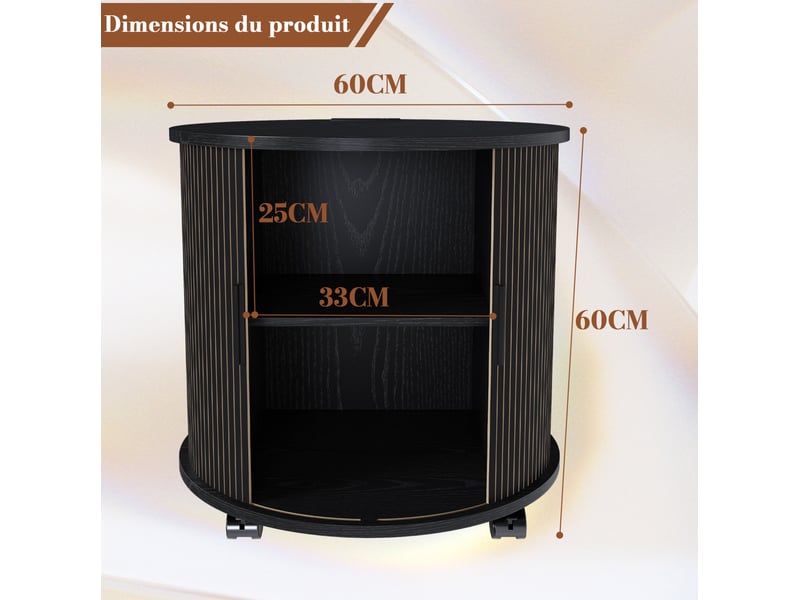 Table basse ronde avec porte coulissante, 2 niches, prise et 2 ports usb sur roulettes, en mdf noir, pour chambre - Conforama C