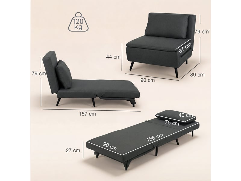  Fauteuil convertible 3 en 1 en lin dossier inclinable gris foncé 90 x 89 x 79 cm  - Conforama C