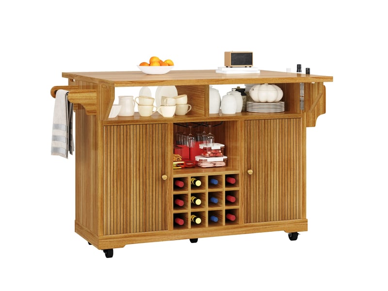 Desserte de cuisine 142,5x80x95 cm, plateau rabattable, roulettes, rangement cuisine, îlot, mdf et métal, brun foncé - Conforama A