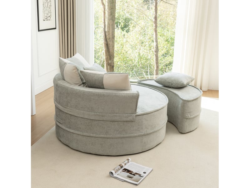 Fauteuil lounge rond 1 place en chenille vert menthe avec ottomane et 5 coussins - Conforama D