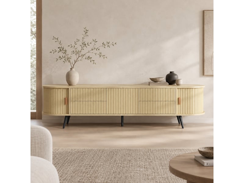  Meuble tv ovale naturel 180 x 40 x 45 cm avec 4 tiroirs et porte à enroulement  - Conforama B