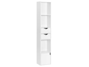 Bibliothèque haute 30x24x157,5 cm avec 3 compartiments ouverts, 2 tiroirs et 1 porte, panneau de particules, blanc
