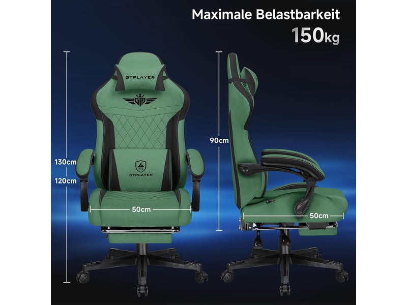  Gtplayer chaise de jeu ergonomique avec soutien lombaire et dossier large 150kg - tissu vert GT832-GE - Conforama B