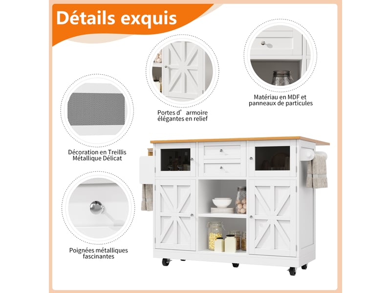  Desserte de cuisine pliante à 2 portes et 2 tiroirs, sur roulettes, en mdf et métal blanc  - Conforama E