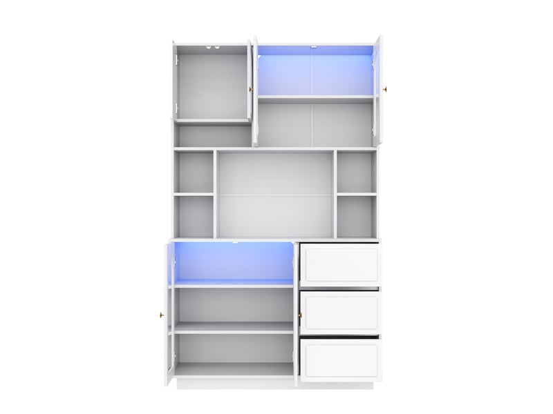  Buffet de cuisine haut blanc en mdf 106x30x175 cm, 6 portes, 3 tiroirs, portes acryliques cintrées et led  - Conforama D