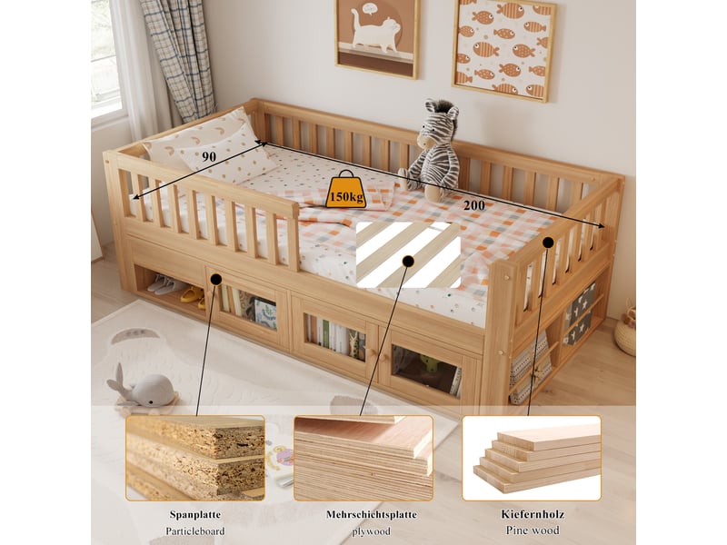  Lit enfant 90x200 capitonné beige - tête de lit en pu design vague cadre en bois massif  - Conforama E