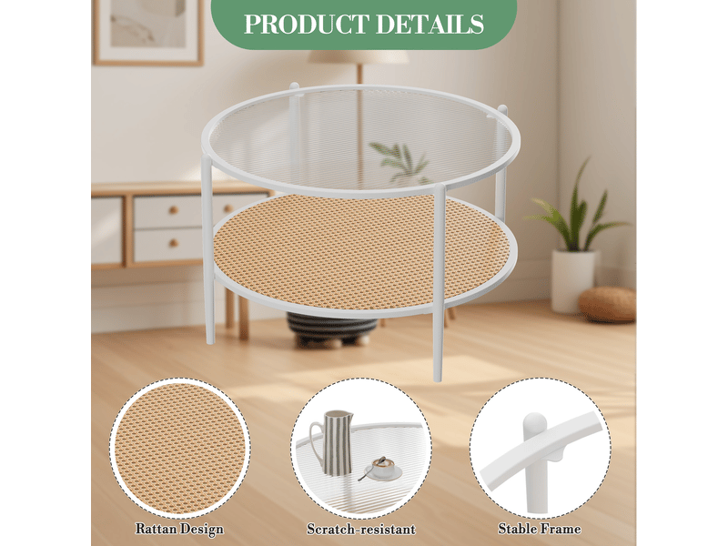  Table basse bohème moderne 2 niveaux rotin, plateau verre trempé ondulé, cadre métal robuste, étagère rangement salon bureau ,blanc PHK_346T83PK - Conforama E