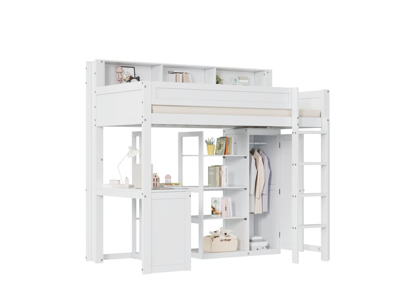  Lit superposé avec table et armoire, lit enfant, avec barrière de sécurité, étagères et échelle à quatre marches, espace de rangement intégré, pin + mdf + contreplaqué, blanc, 90 x 200 cm  - Conforama A