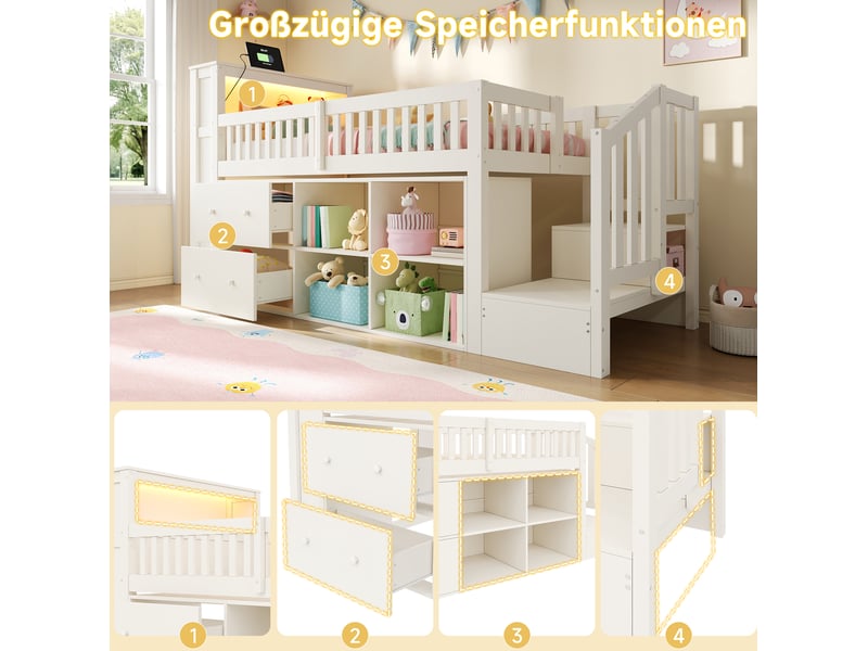  Lit mezzanine enfant 90 × 200 cm 1 place avec bureau, rangements, led réglable et ports usb, sans matelas, blanc  - Conforama E