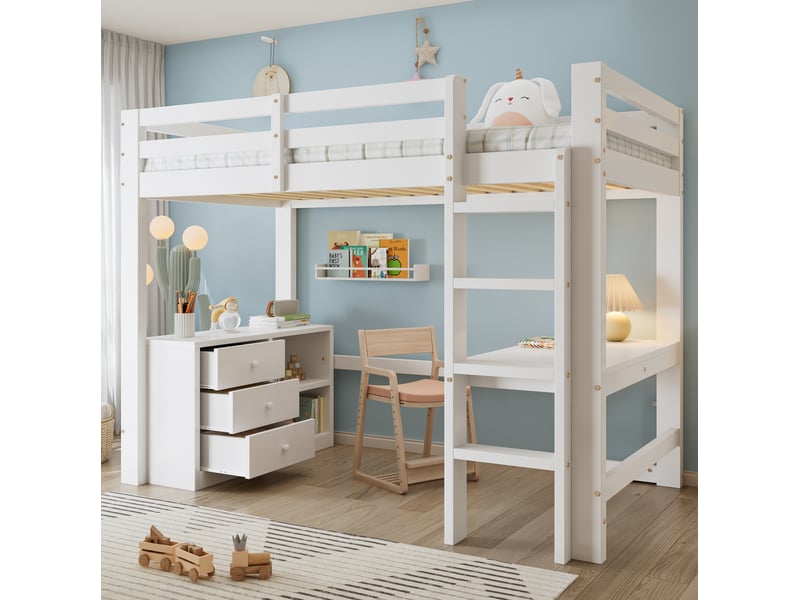  Lit mezzanine 90x200cm avec bureau, meuble à tiroirs et étagère de rangement, échelle à 4 niveaux, bois, blanc，sans matelas  - Conforama D