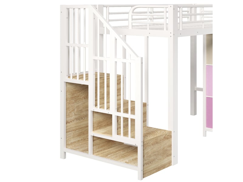  Lit mezzanine 90x200 cm en métal et mdf avec tiroirs, penderie et escalier de rangement blanc chicfurn  - Conforama E