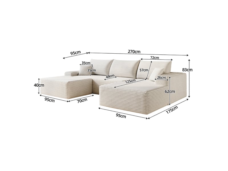 Canapé d'angle droite 3 places en l 270cm canapé modulable canapé compressé en velours côtelé avec pouf méridienne, blanc - Conforama W