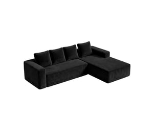 Canapé d'angle modulable 4 places avec méridienne réversible, assise profonde sans montage en velours côtelé noir