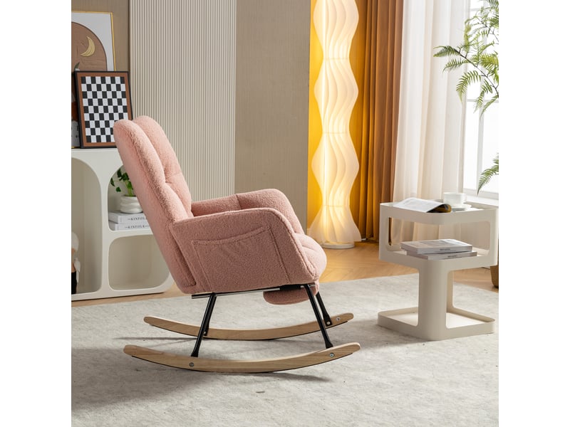  Rocking chair avec repose-pieds, fauteuil à bascule rose en tissu bouclette pour salon et allaitement  - Conforama R