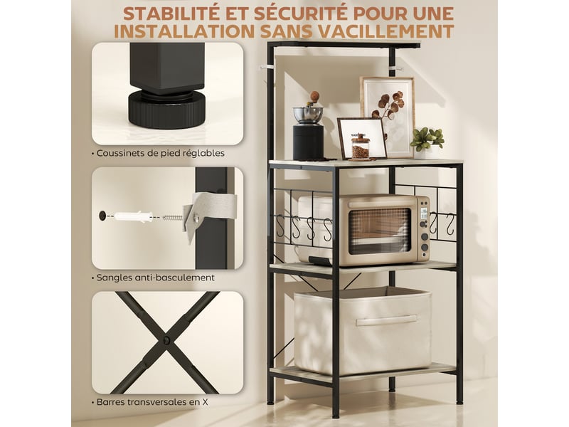  Étagère de cuisine, support pour micro-ondes, avec panneau grillagé, 8 crochets, chêne, 60 x 42 x 134,5 cm  - Conforama R