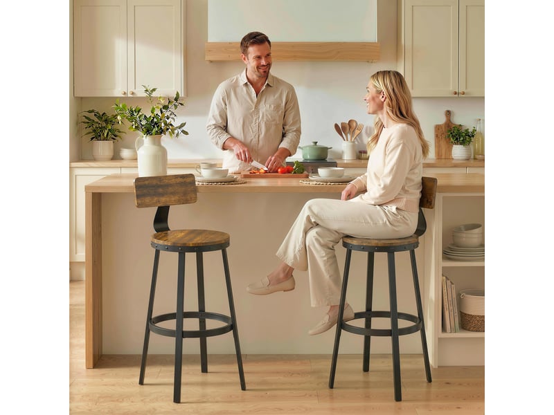  Lot de 2 tabourets de bar rustiques avec repose-pieds, bois et métal, 37 x 47 x 96 cm, marron  - Conforama D
