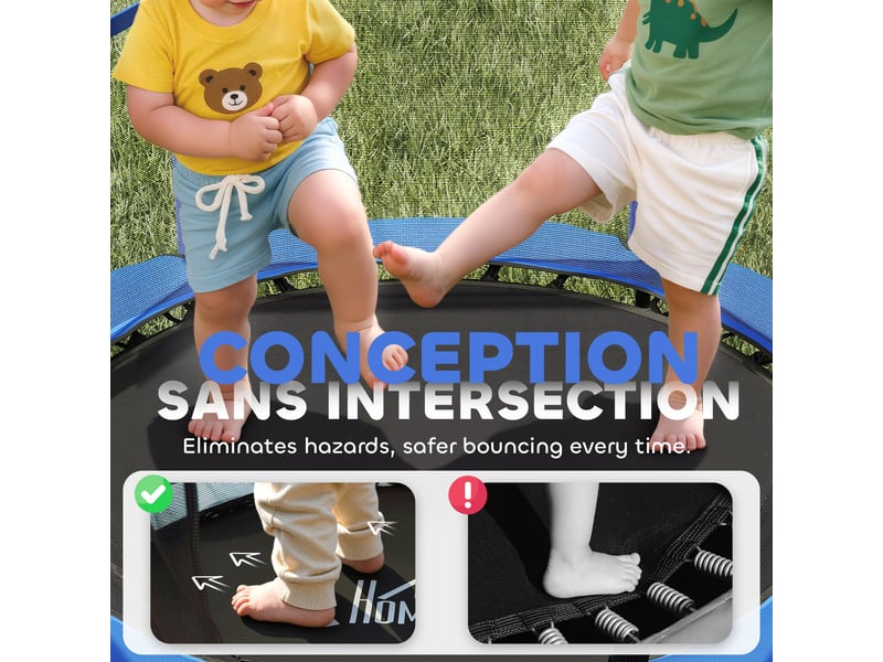  Trampoline enfant ø 1,40 × 1,90h m filet de sécurité porte zipée couvre-ressorts 6 poteaux rembourrés inclus bleu  - Conforama E