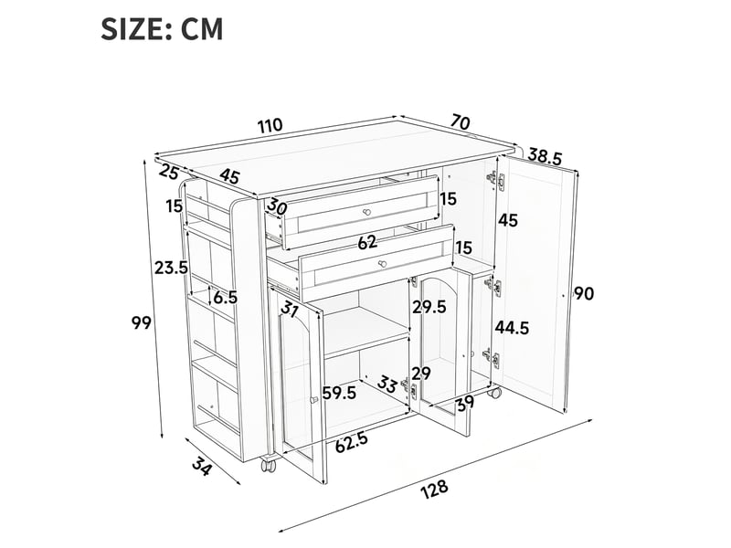  Îlot de cuisine mobile 110 cm blanc et bois clair, plateau rabattable, 2 tiroirs et 3 portes sur roulettes  - Conforama D