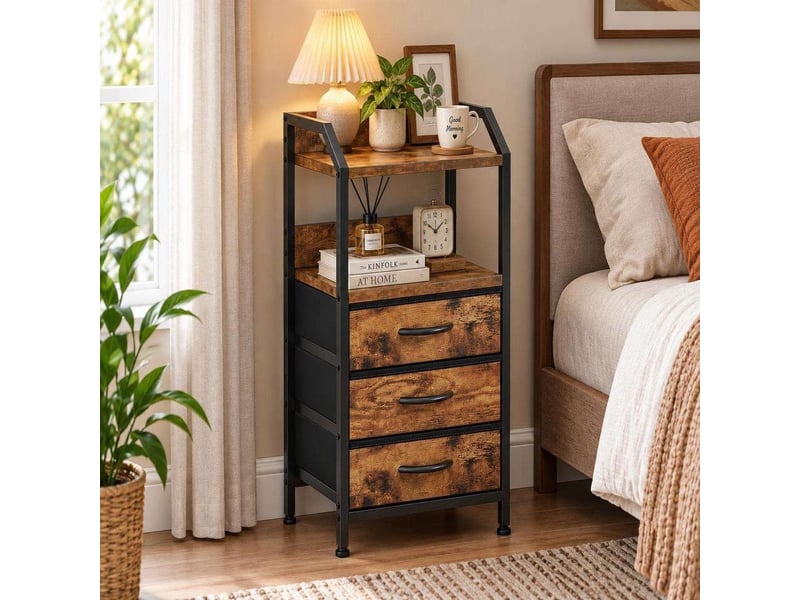  Table de chevet 40x30x75 cm trois tiroirs tissu etagere ouverte marron rustique noir  - Conforama B