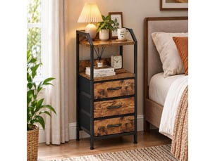 Table de chevet 40x30x75 cm trois tiroirs tissu etagere ouverte marron rustique noir