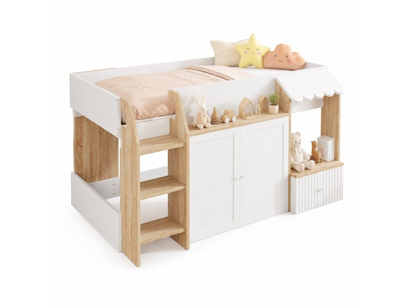  Lit mezzanine enfant 90x200 cm – blanc et bois naturel – rangements fermés, échelle large – sans matelas  - Conforama A